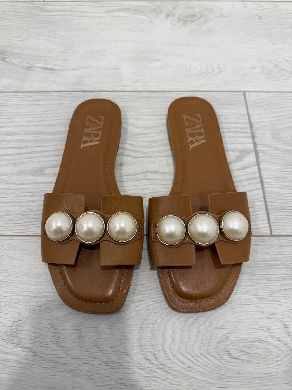 Zara Tan Slide Mules with Pearl Embellishments